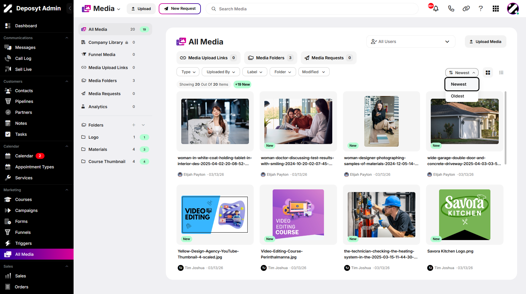 Step 3: Click on the Sorting dropdown menu located above the media preview. You can sort media from Newest to Oldest or Oldest to Newest. Click your selected sorting option to proceed.