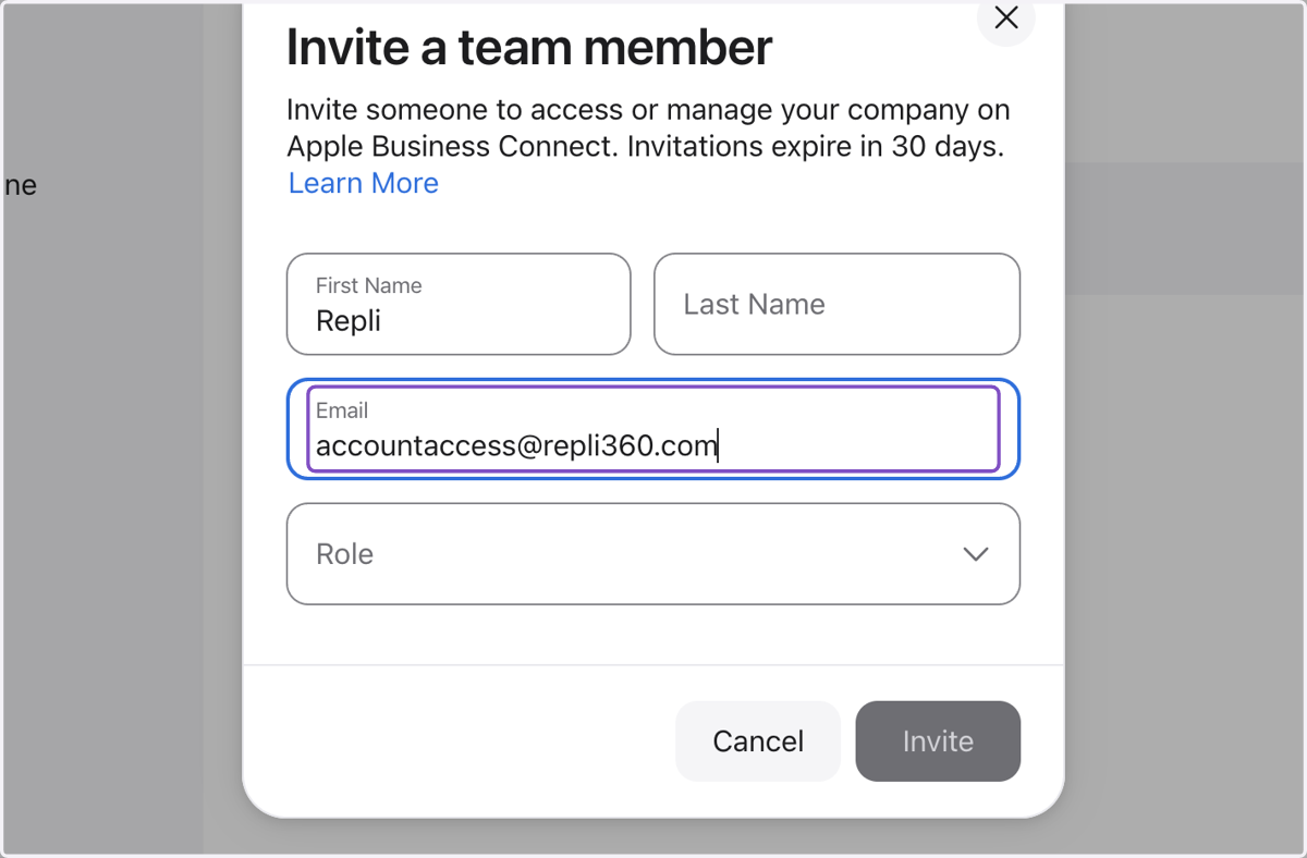 Type "accountaccess@repli360.com"