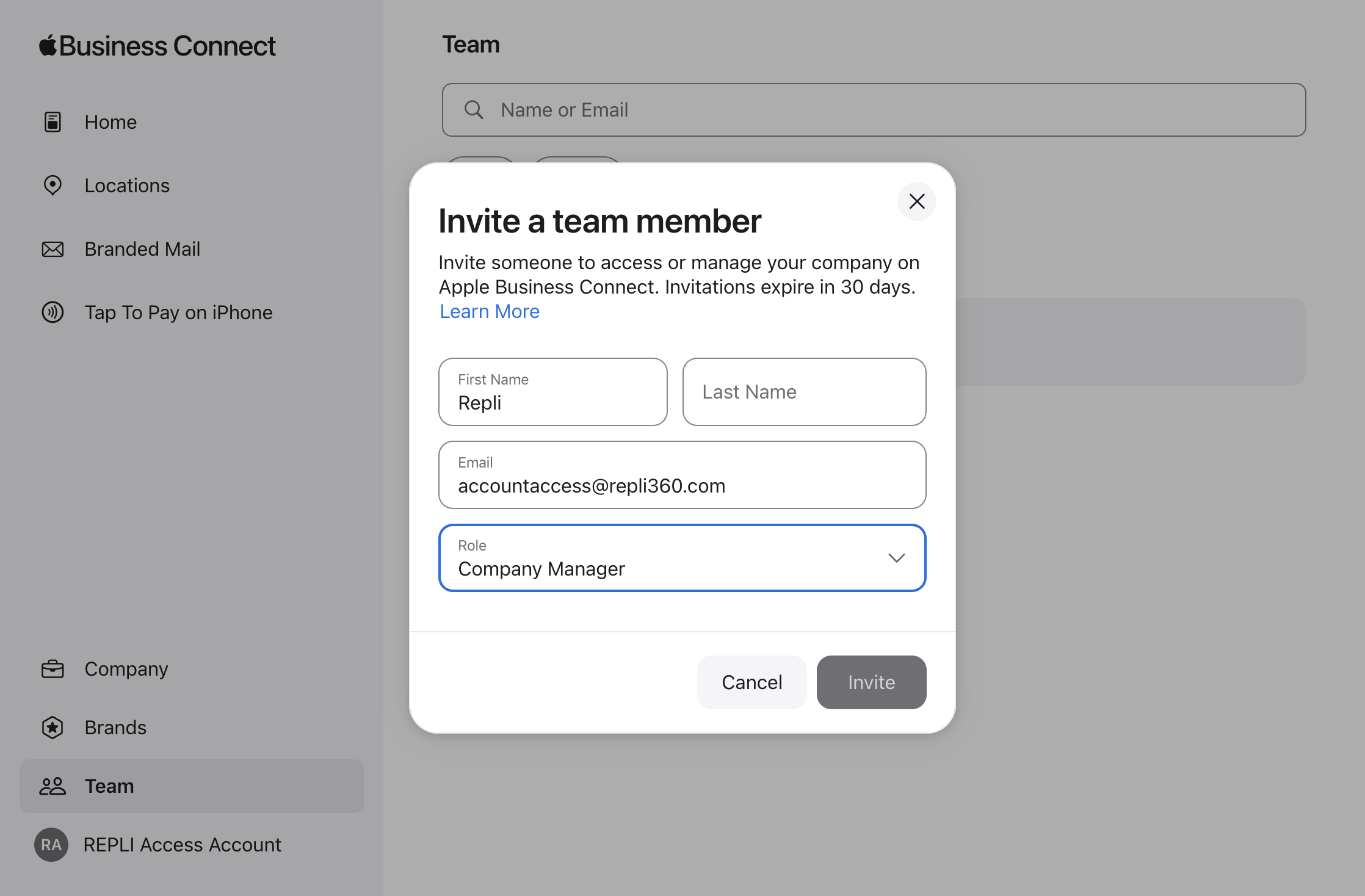 Click on Invite a team member