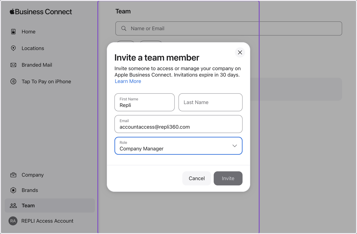 Click on Invite a team member