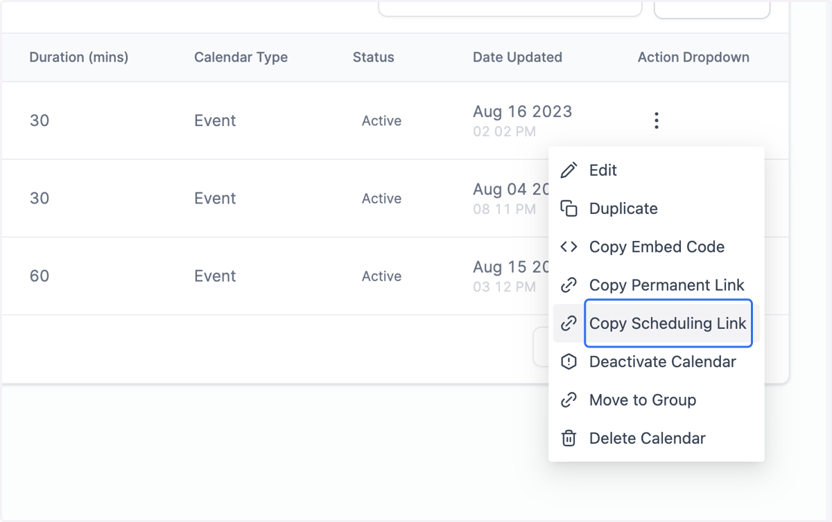 Click on Copy Scheduling Link. This will copy the link so that you can paste it into wherever you want to share it.