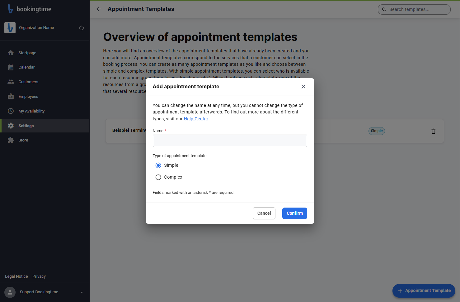 Enter a name for the appointment and select the appointment template type