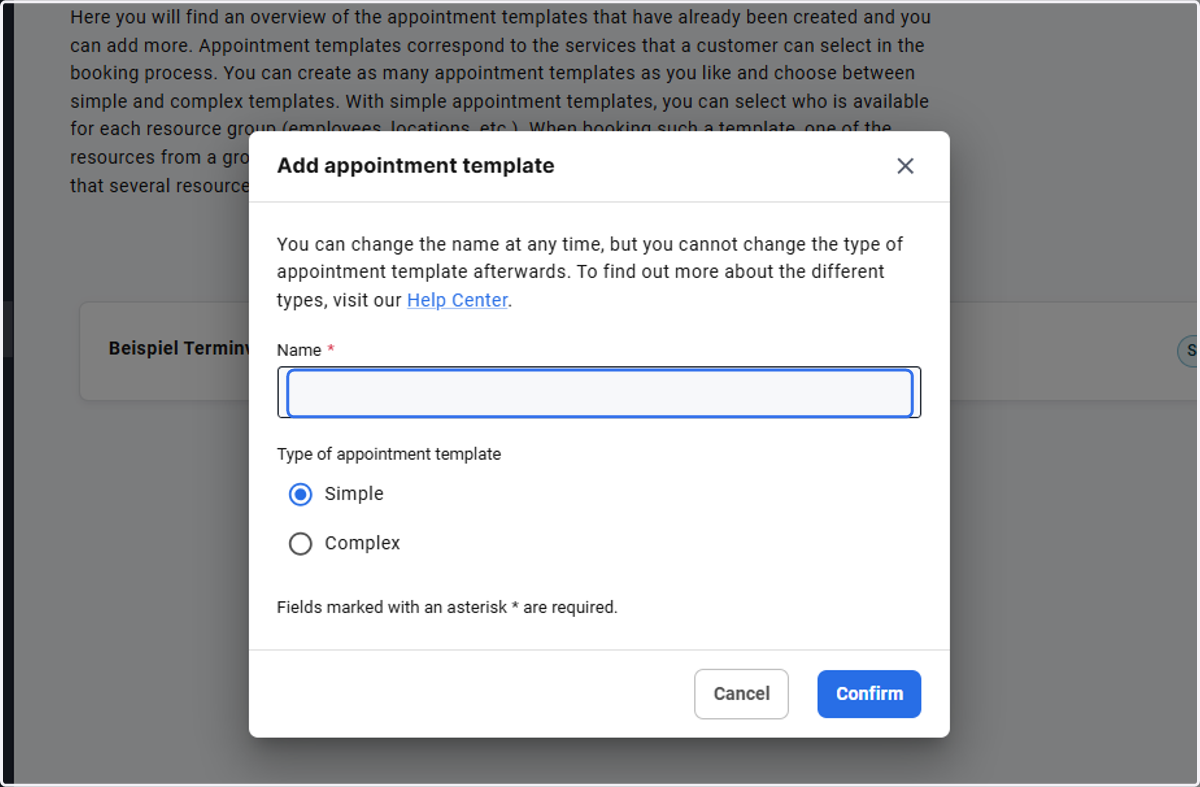 Enter a name for the appointment and select the appointment template type