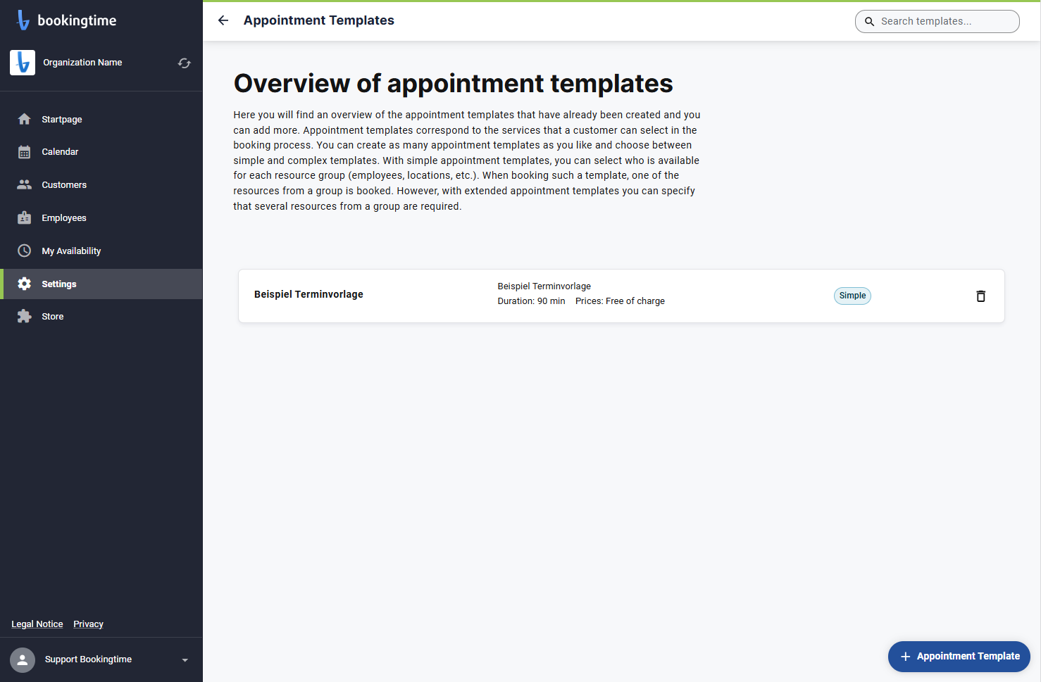 Click on the add Appointment Template button