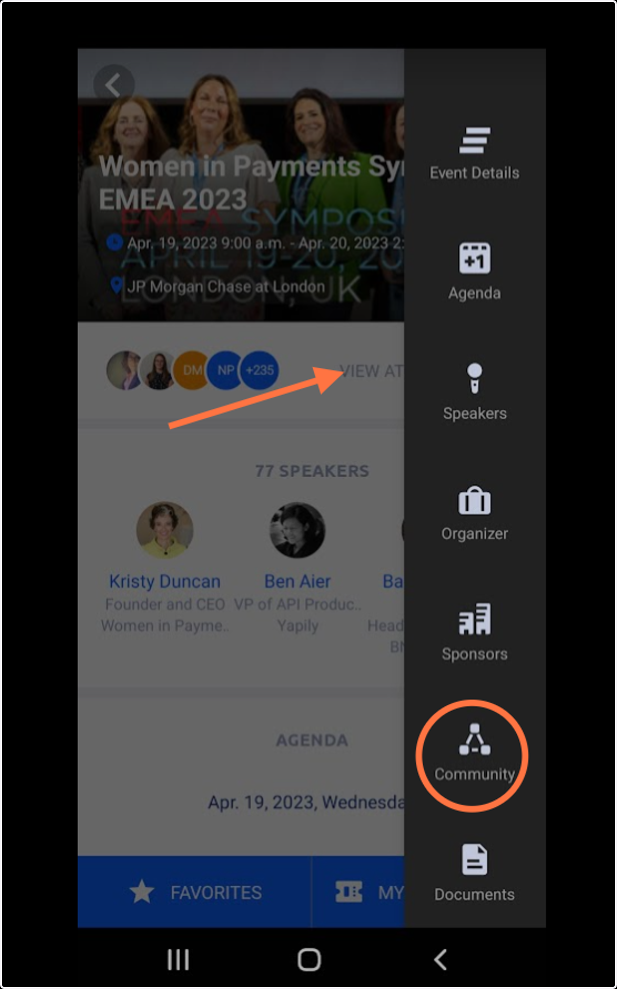 Click the COMMUNITY button or click on View Attendees to interact with other attendees.