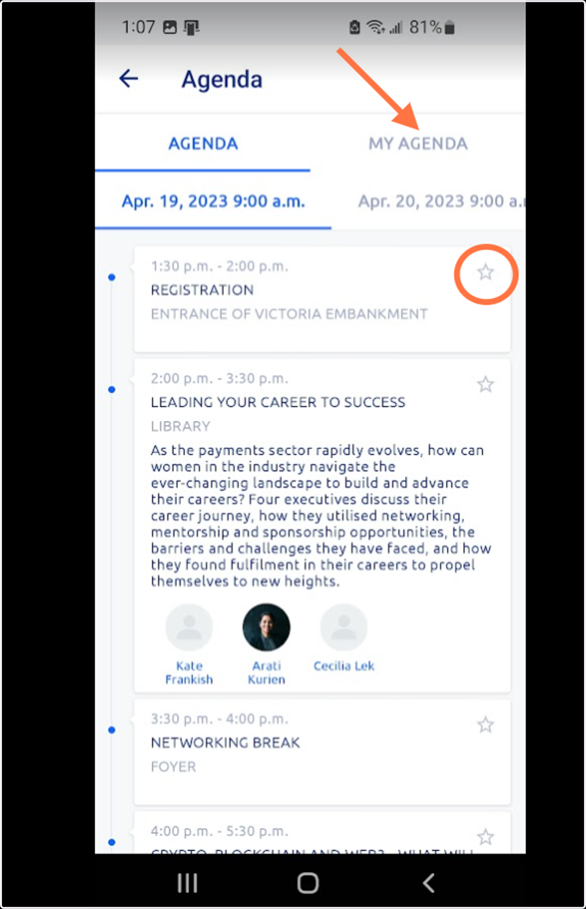 Click the star to add sessions to your personalized agenda, found under "My Agenda".