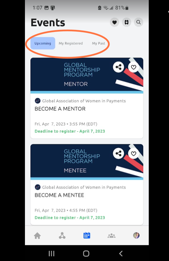 Click on the Events icon to view your Upcoming, Registered and Past Events.