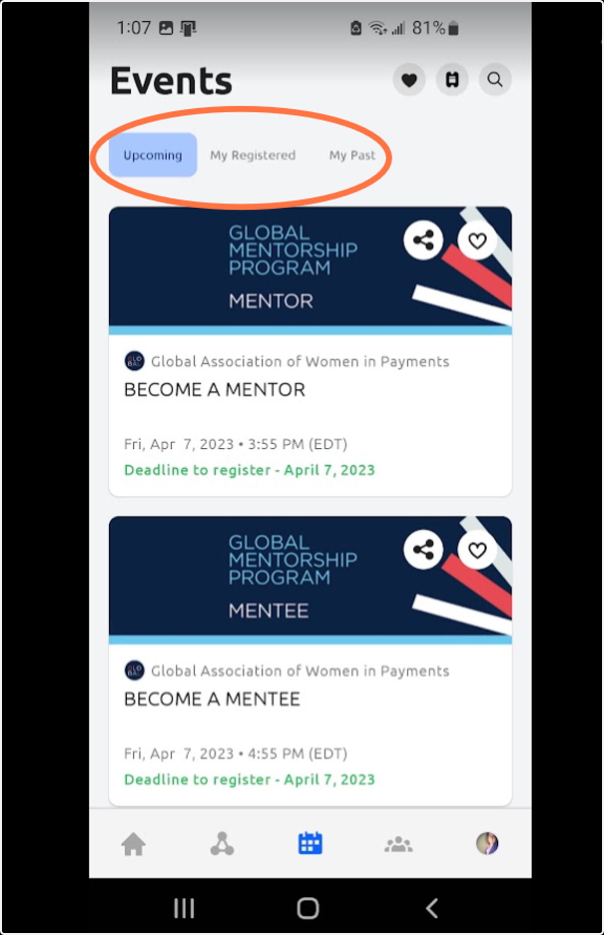 Click on the Events icon to view your Upcoming, Registered and Past Events.