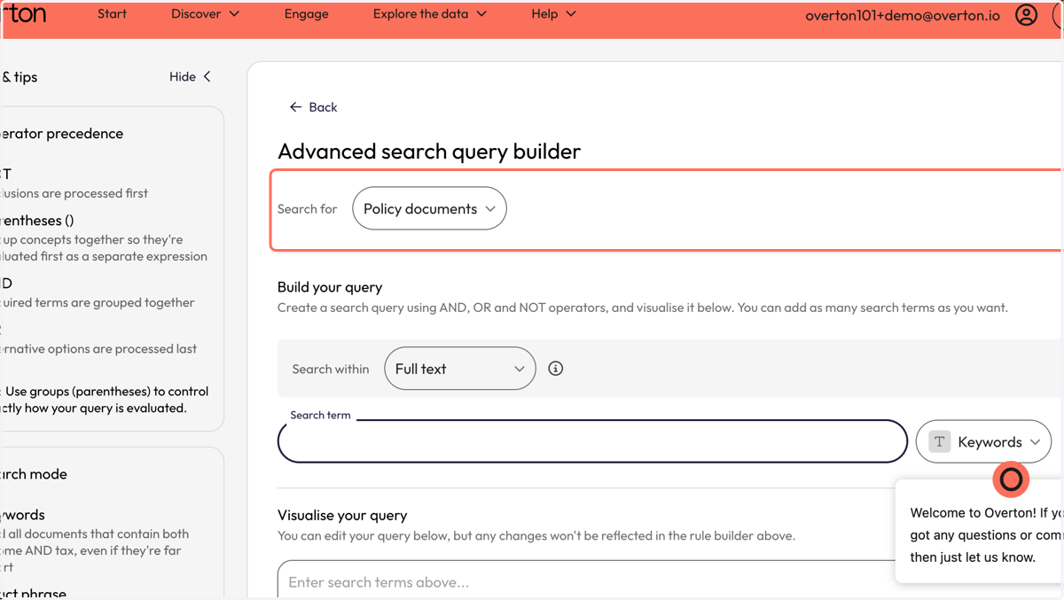 In the 'Advanced Query Builder' ensure that 'Policy Documents' is selected