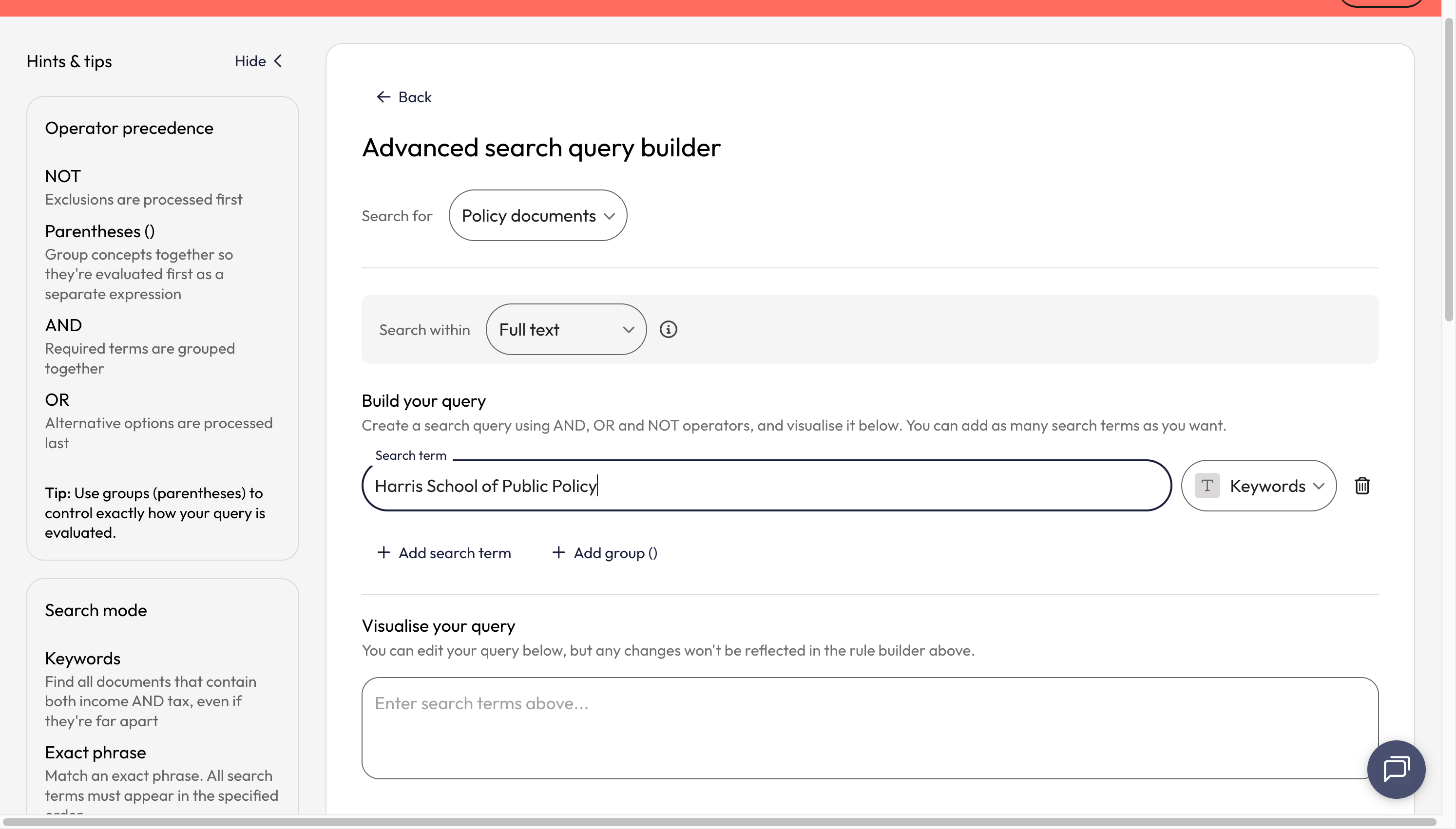 In the 'Search term' box, type your institution's or organisation's name