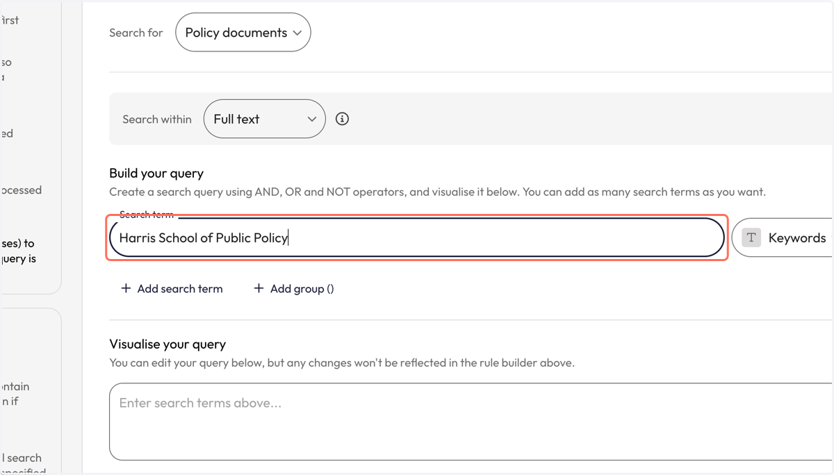 In the 'Search term' box, type your institution's or organisation's name