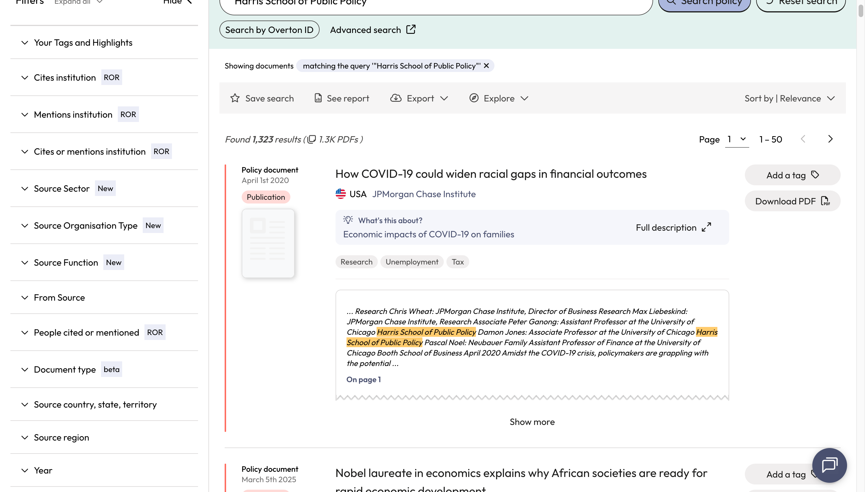 You will be taken to the 'Policy Documents' page, where you can review results where you name was found in the full-text of policy documents.