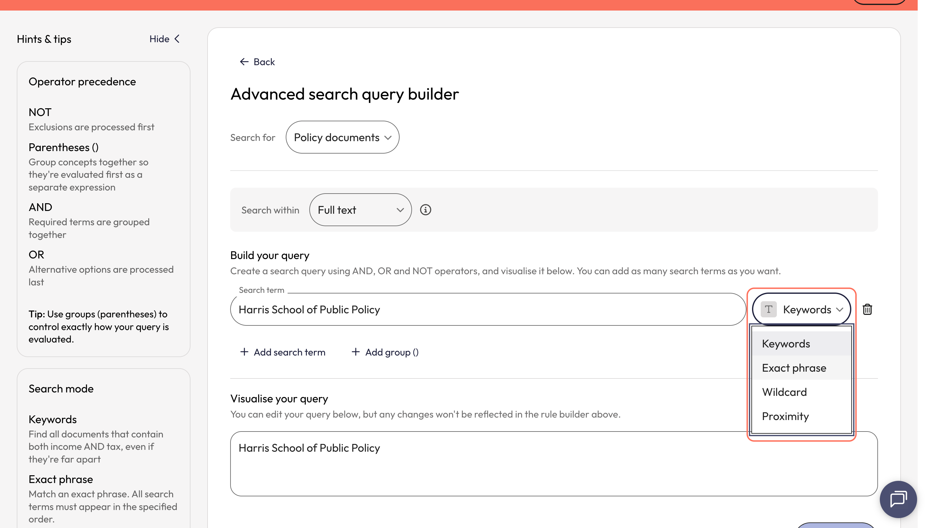 From the dropdown besides the search box, select 'Exact phrase'