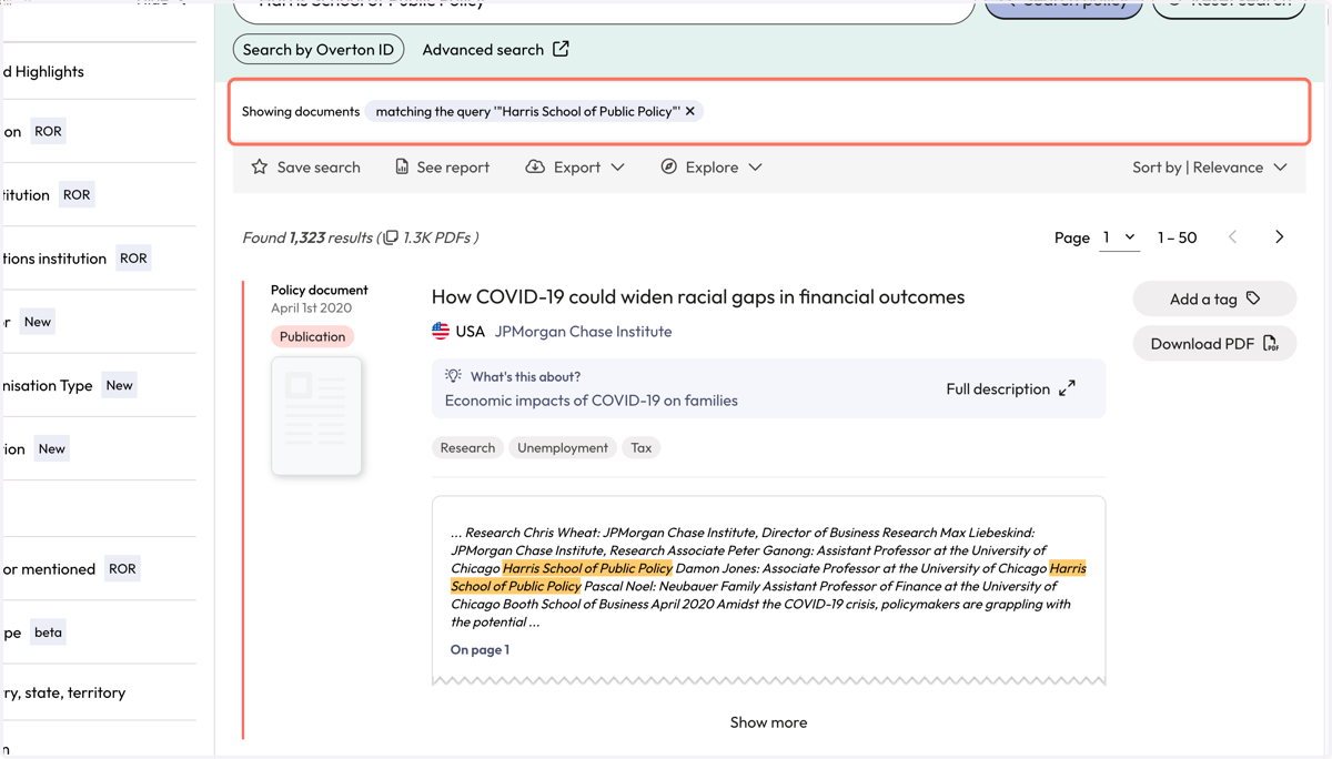 You will be taken to the 'Policy Documents' page, where you can review results where you name was found in the full-text of policy documents.