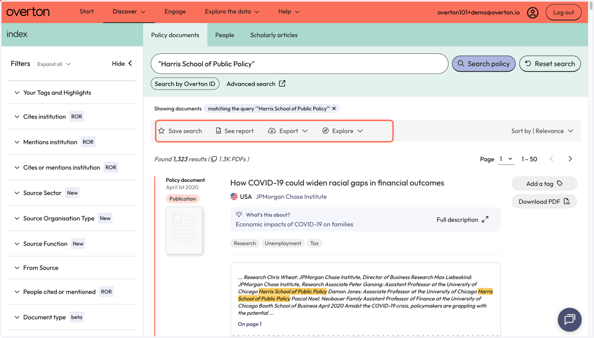 Use the action bar to save a search, generate a summary report, export* or explore further.