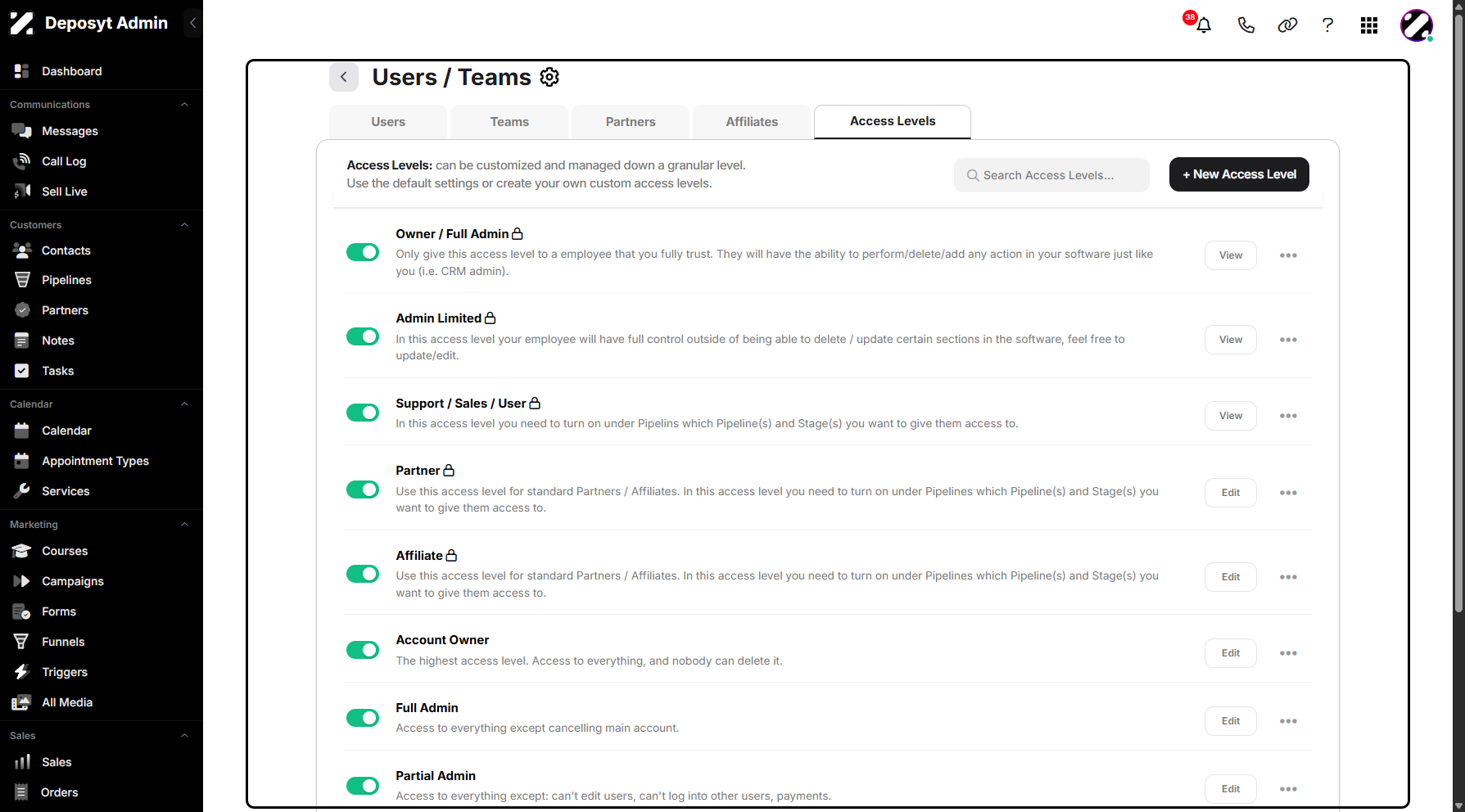 Step 5: You will be taken to the Users/Teams Access Levels tab.