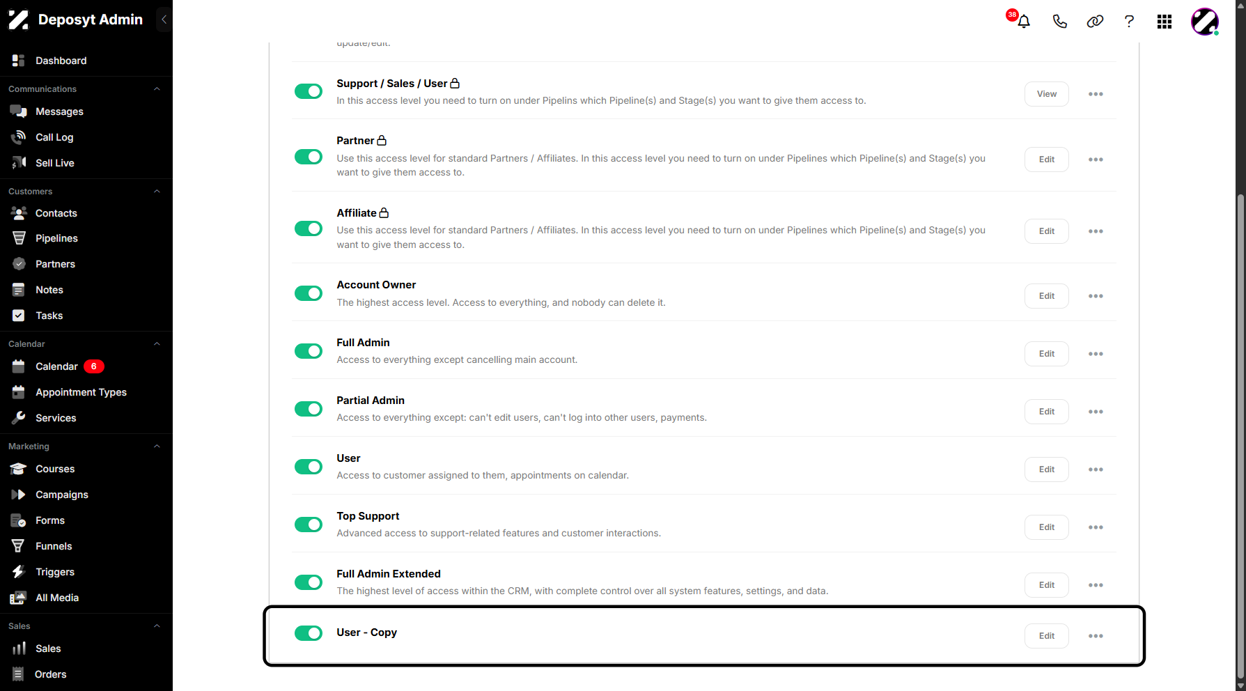 Step 10: You will then be automatically navigated back to the Access Levels list, where you can view your duplicated access level.