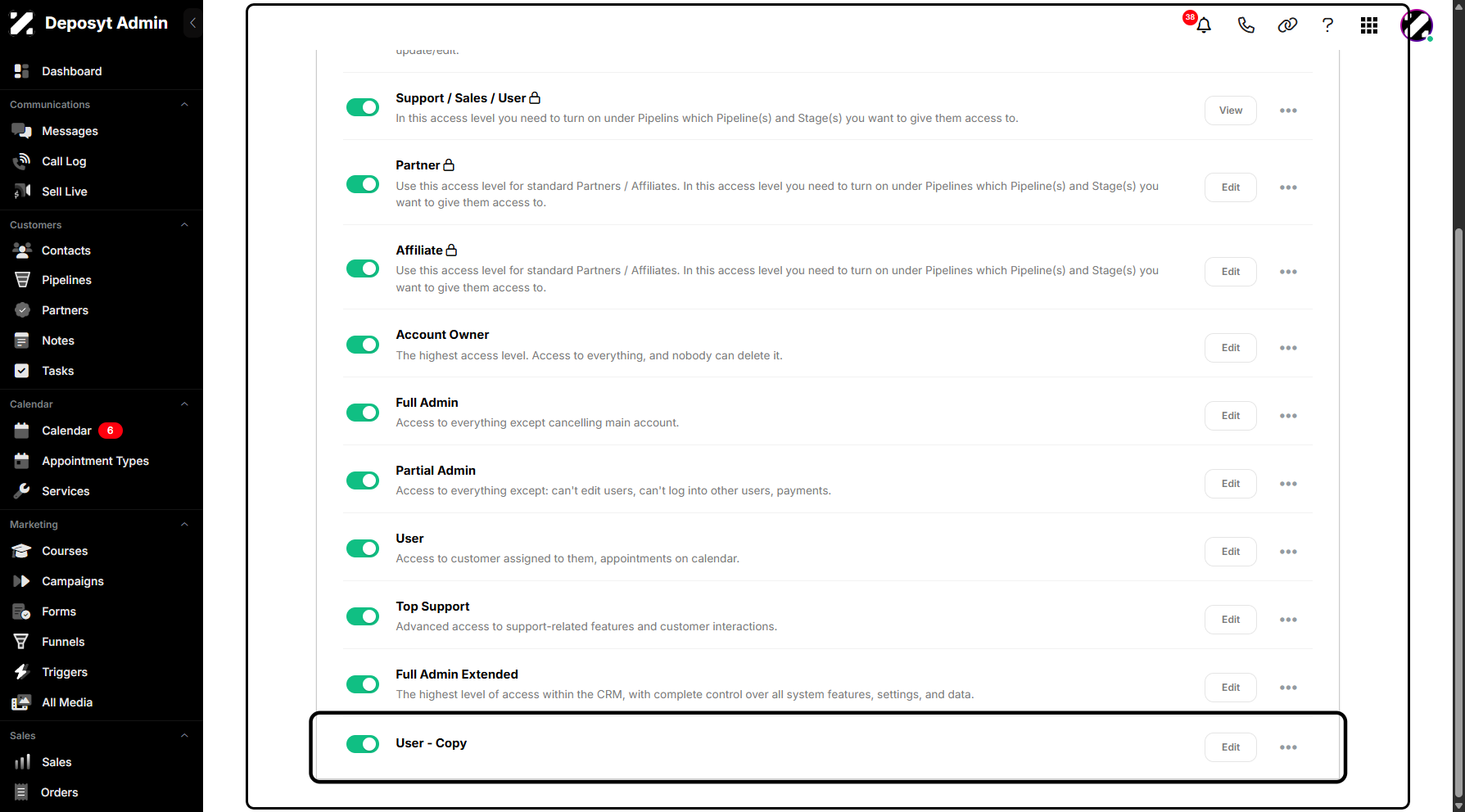 Step 10: You will then be automatically navigated back to the Access Levels list, where you can view your duplicated access level.