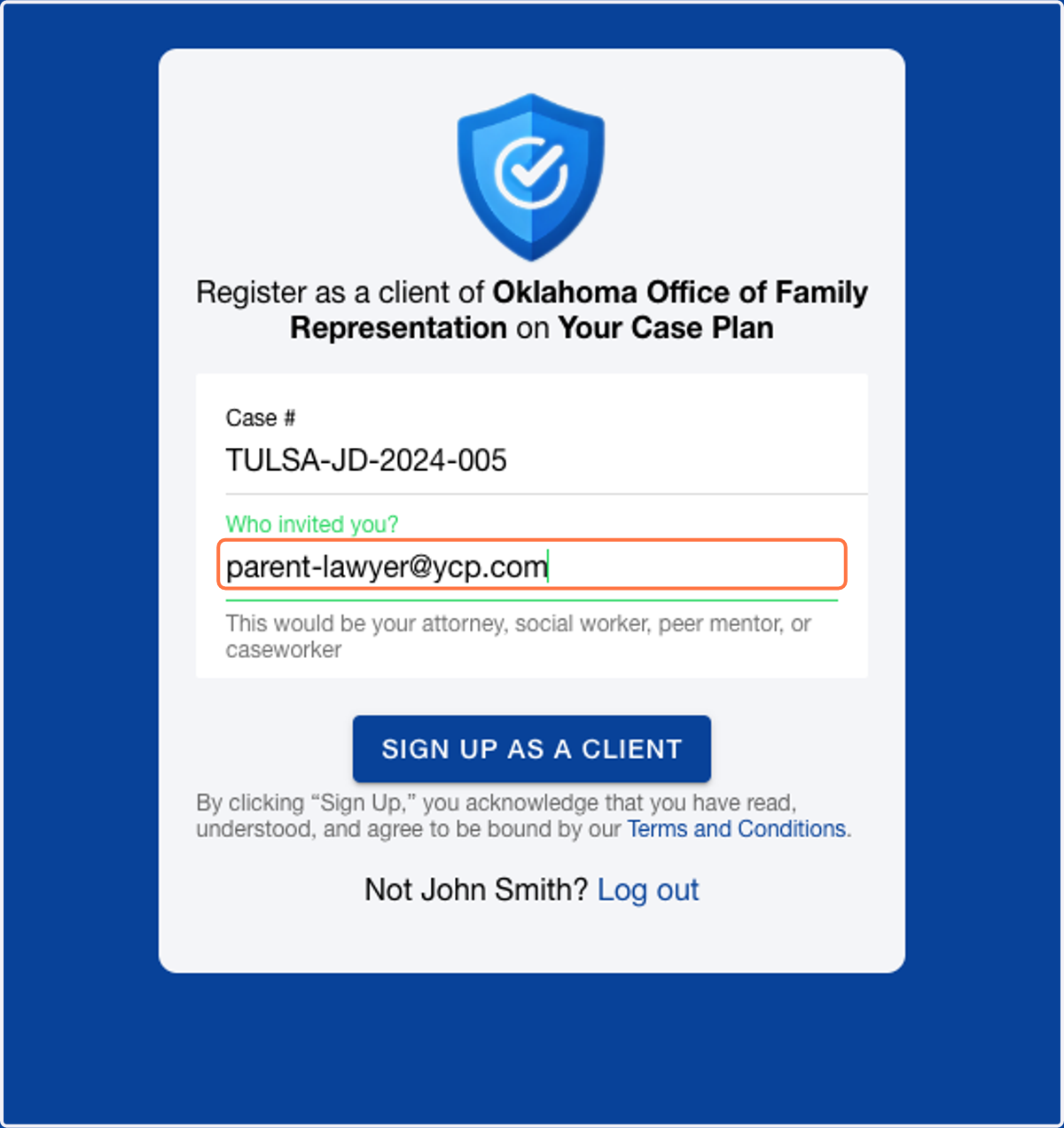 Type "parent-lawyer@ycp.com"