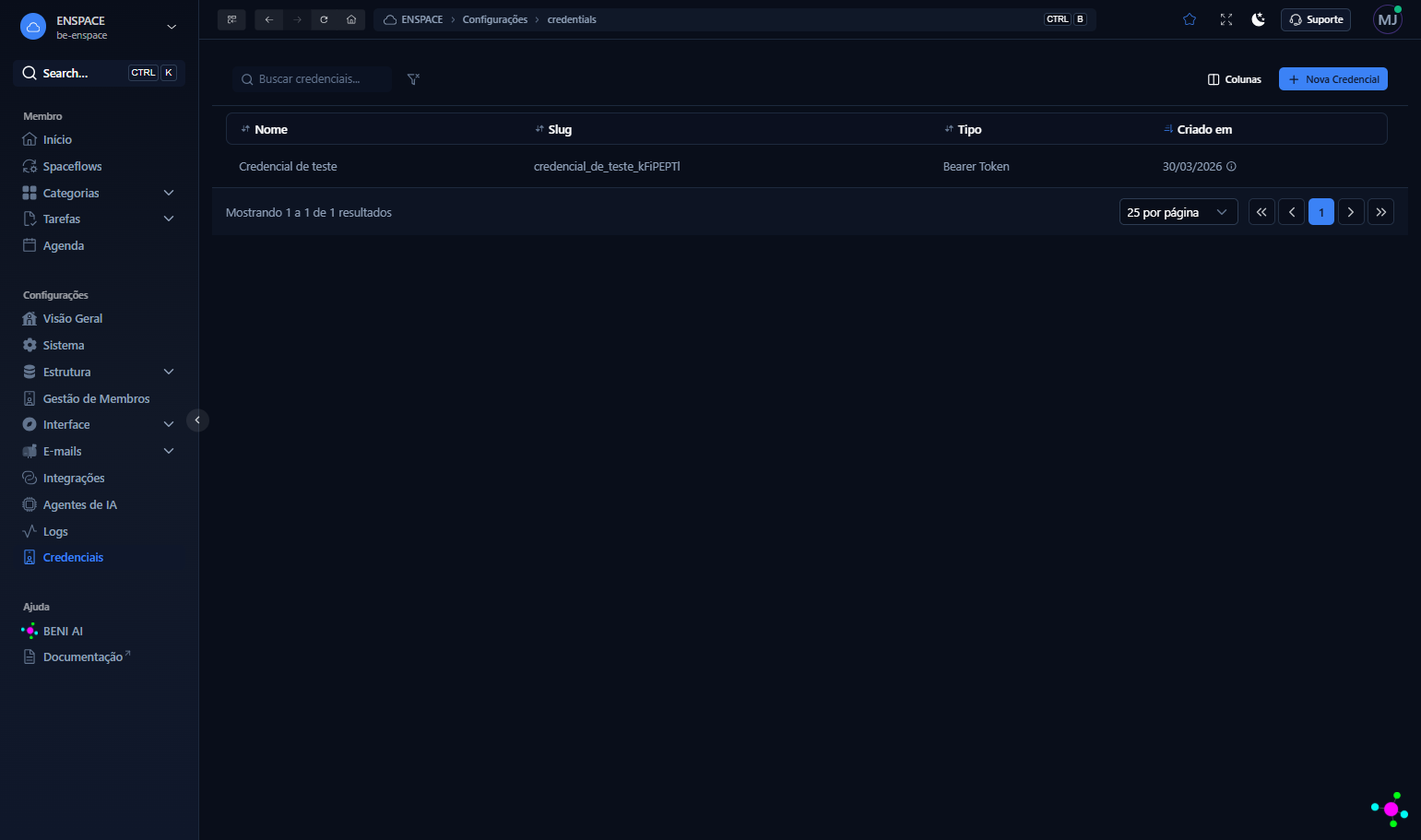 Pronto! Sua credencial está disponível para uso no workspace