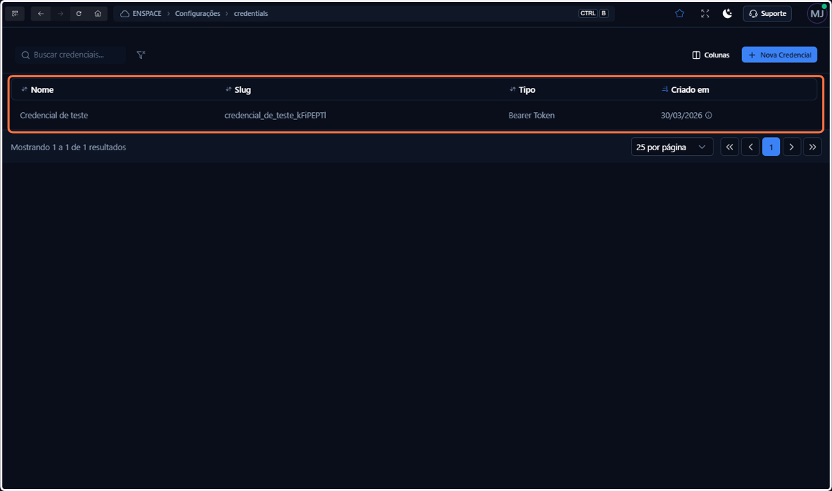 Pronto! Sua credencial está disponível para uso no workspace