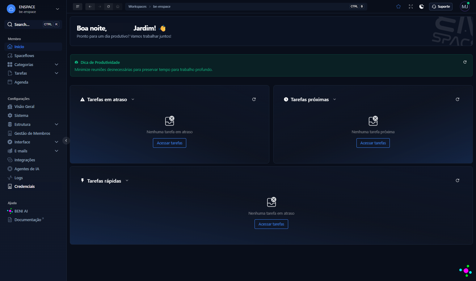 Clique em Credenciais, no menu lateral esquerdo do seu workspace