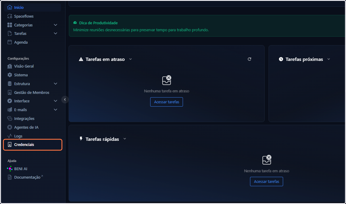 Clique em Credenciais, no menu lateral esquerdo do seu workspace