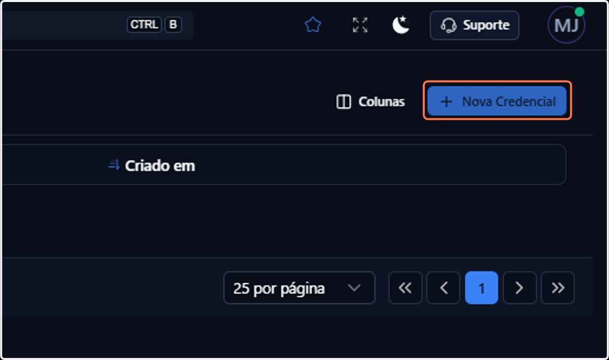 Na tela de Credenciais, clique em Nova Credencial para criar