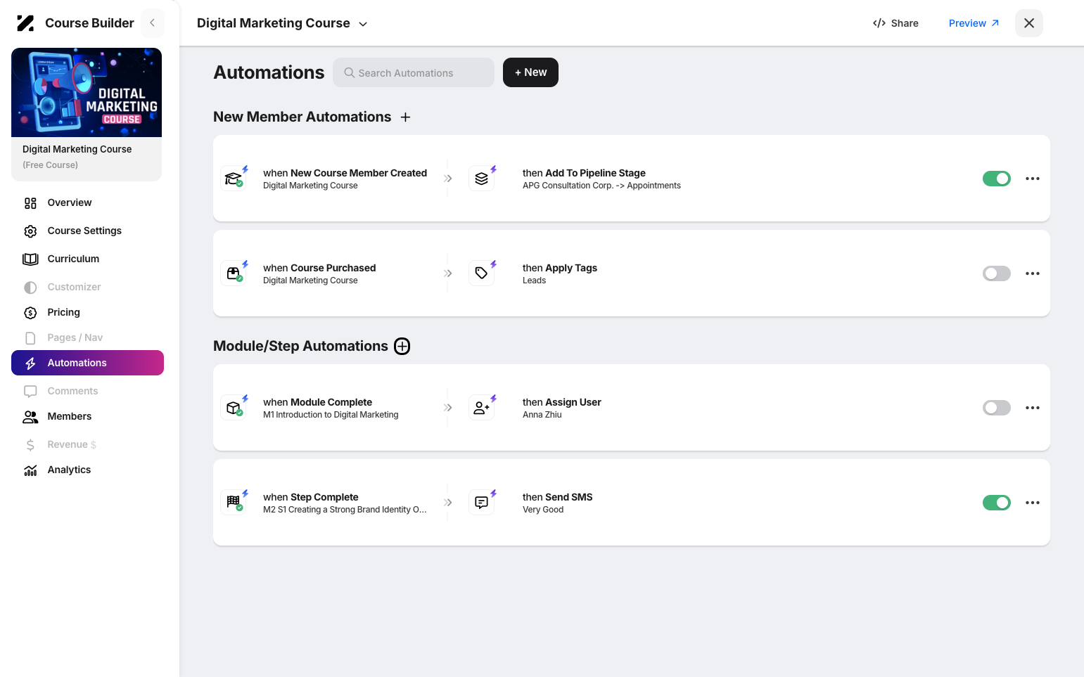 Step 4: Click the plus sign icon under the module/step automations to add a new automation.