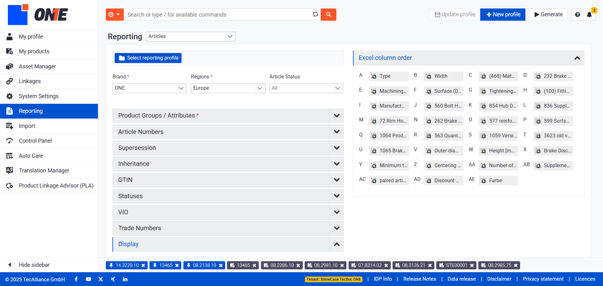 Before generating the report, click on New profile