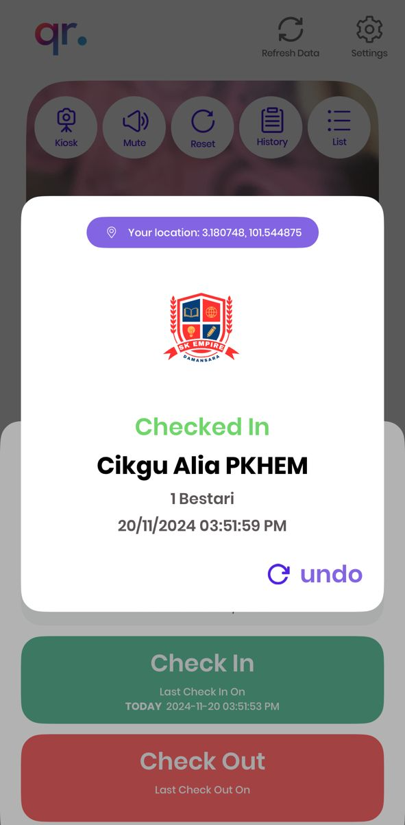 Selepas 'Check In', paparan ini akan keluar menandakan guru telah berjaya 'Check In'.
