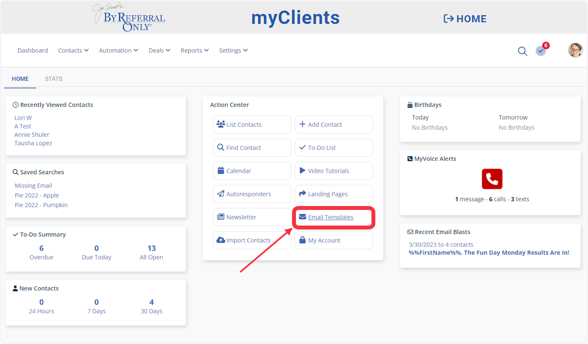 From the myClients homepage click on 'Email Templates'