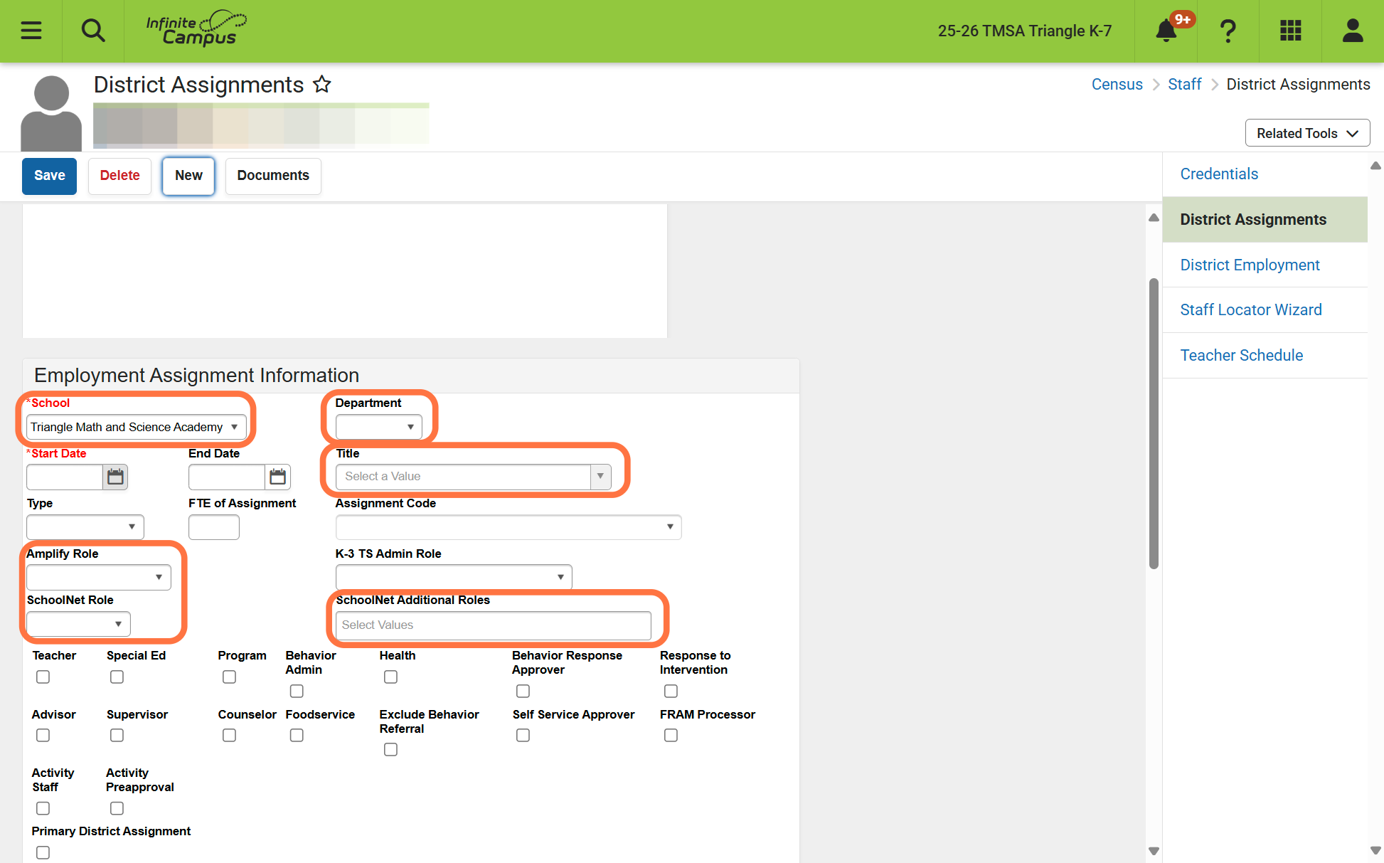 The School is populated based on the calendar context chosen. Make sure the School is correct. Add Department if using for scheduling organization. Add Start date Follow PSU guidelines on adding Amplify and SchoolNet Roles Select their Title (field i