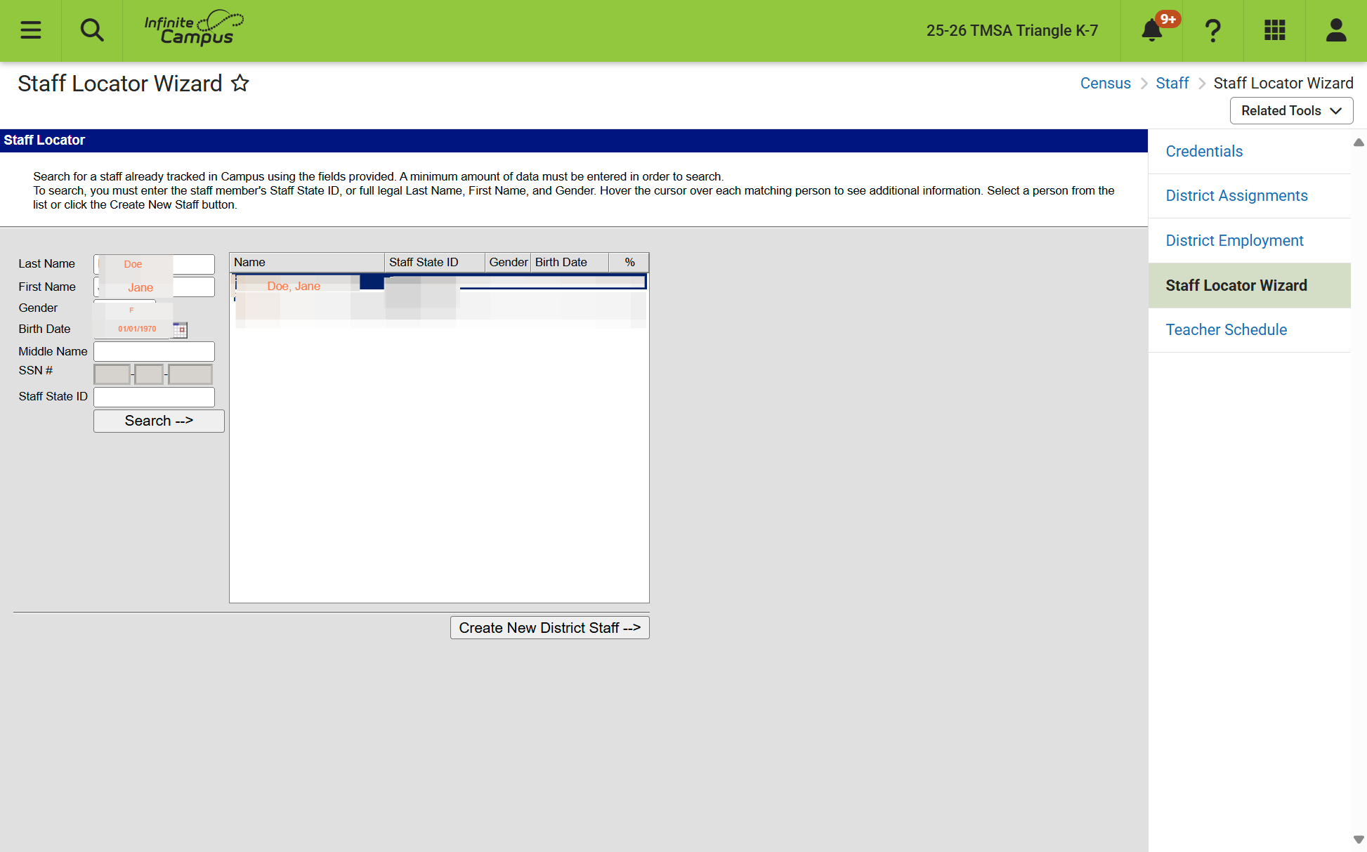 If a match is found, click the name. If no match is found, click Create New District Staff