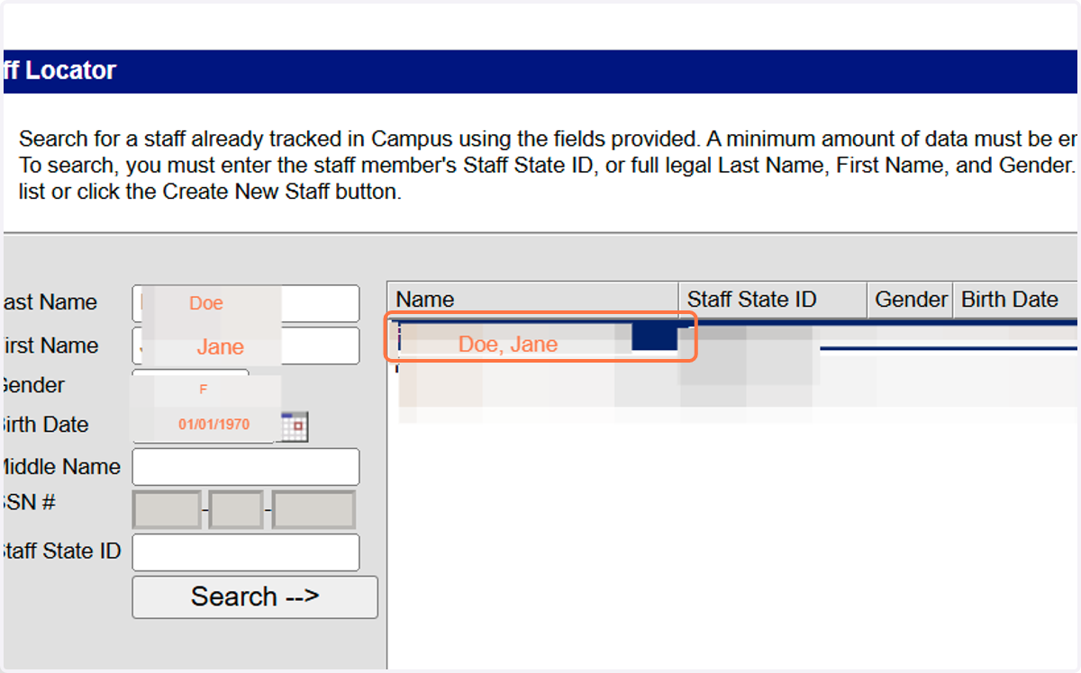 If a match is found, click the name. If no match is found, click Create New District Staff