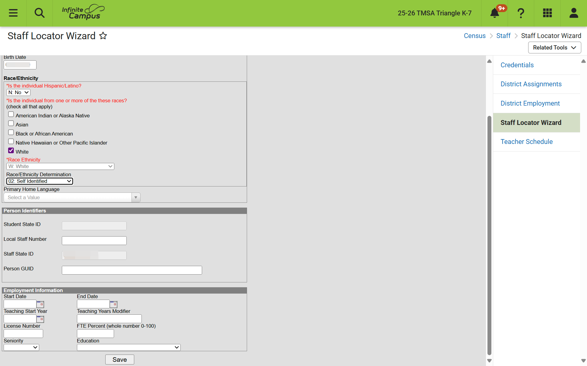 Enter the employment start date of the employee