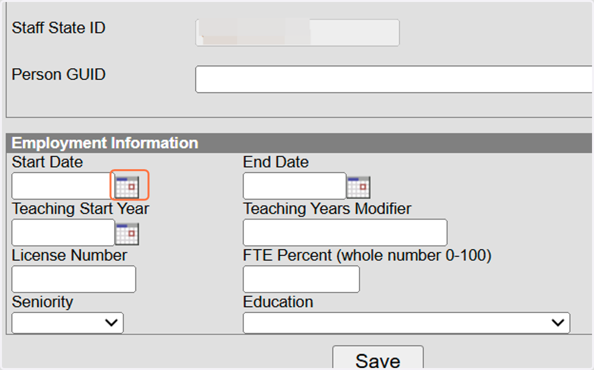 Enter the employment start date of the employee