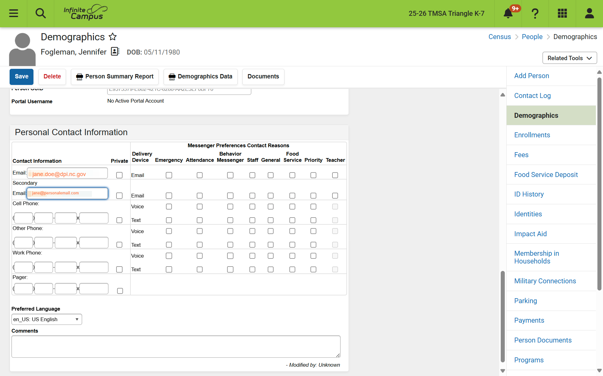 Update phone numbers and add a personal email as secondary