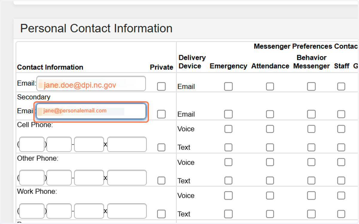 Update phone numbers and add a personal email as secondary