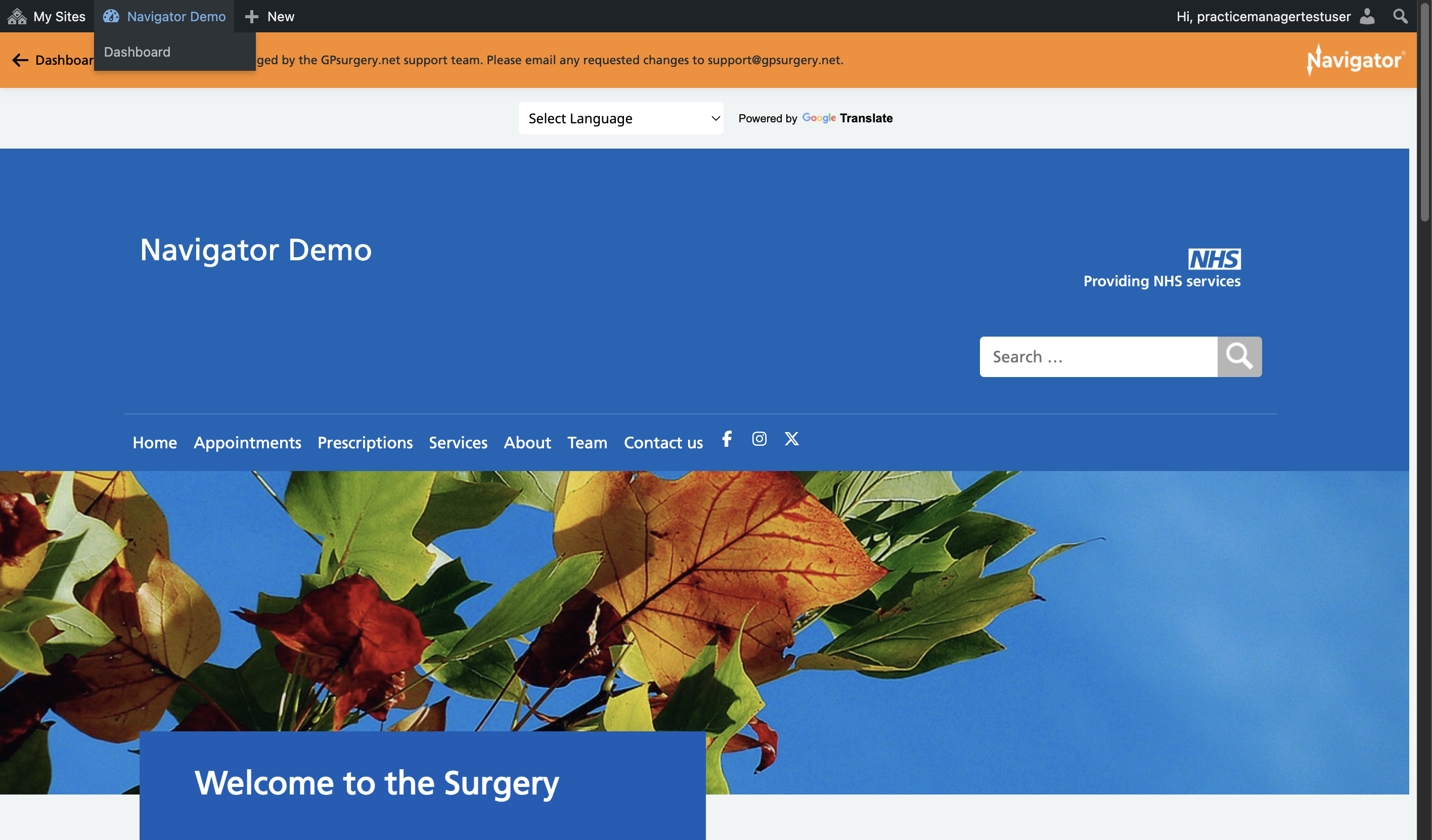 The practice name selected in the Admin Toolbar.