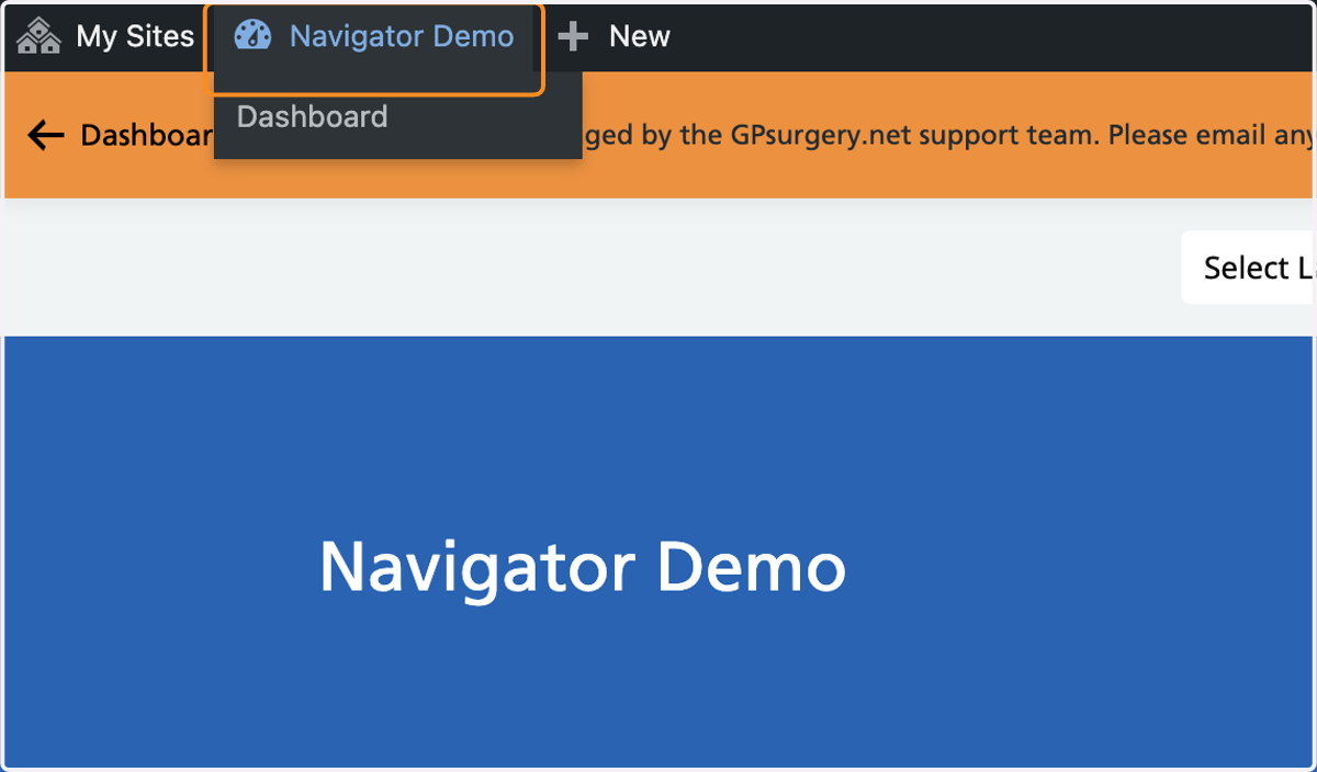 The practice name selected in the Admin Toolbar.