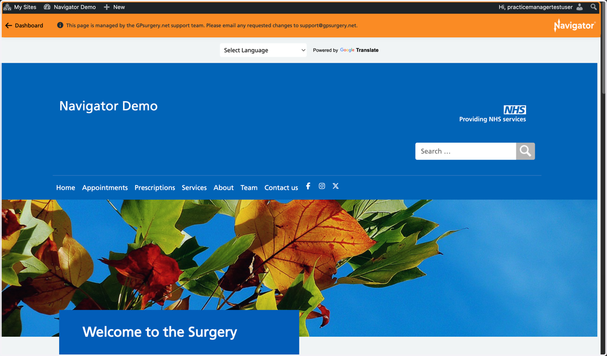 The homepage of a Navigator website with the admin toolbar and Navigator toolbar visible at the top of the screen.