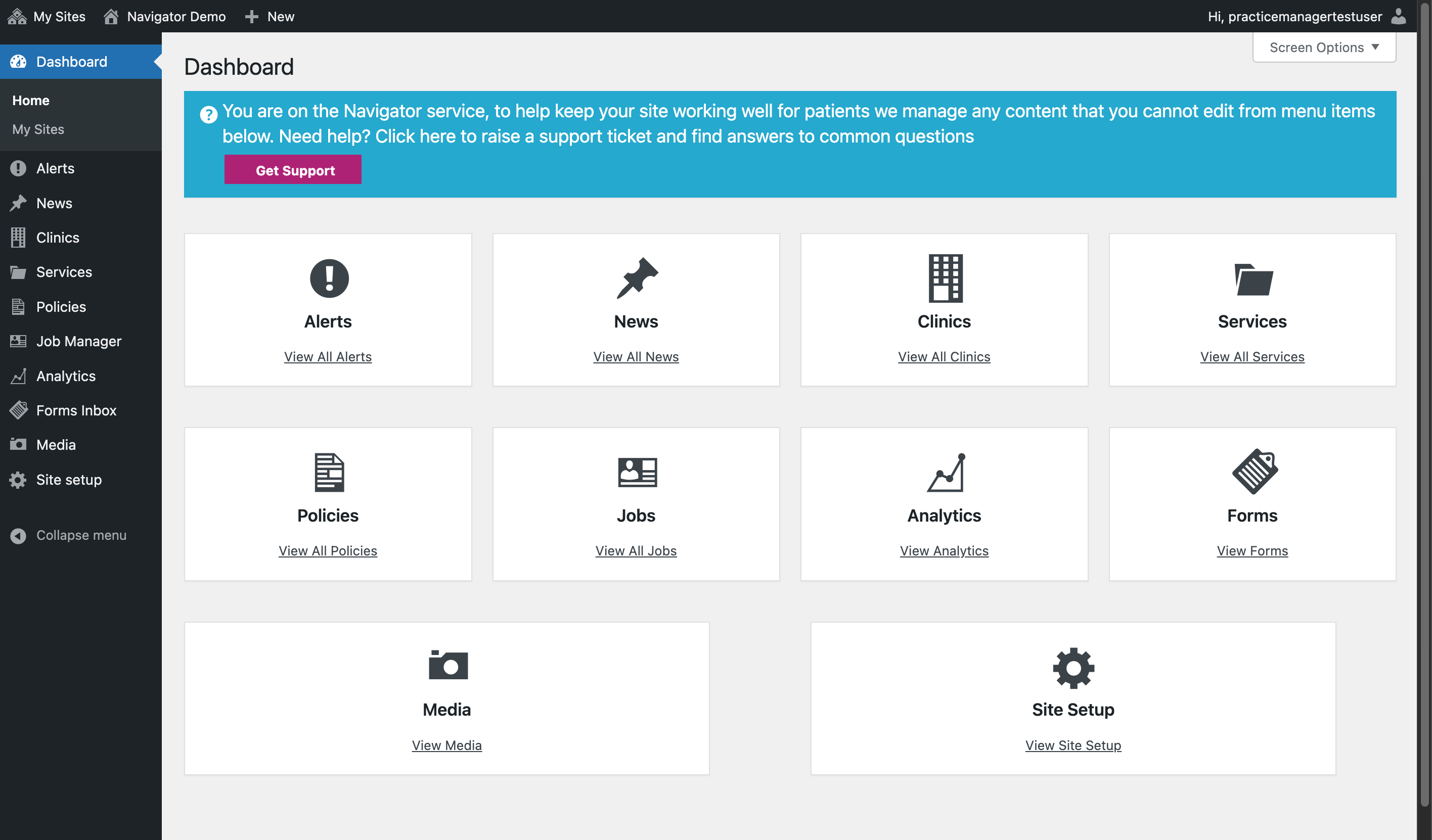 The Dashboard of a Navigator website, with Site Setup selected in the bottom right hand corner of the page.