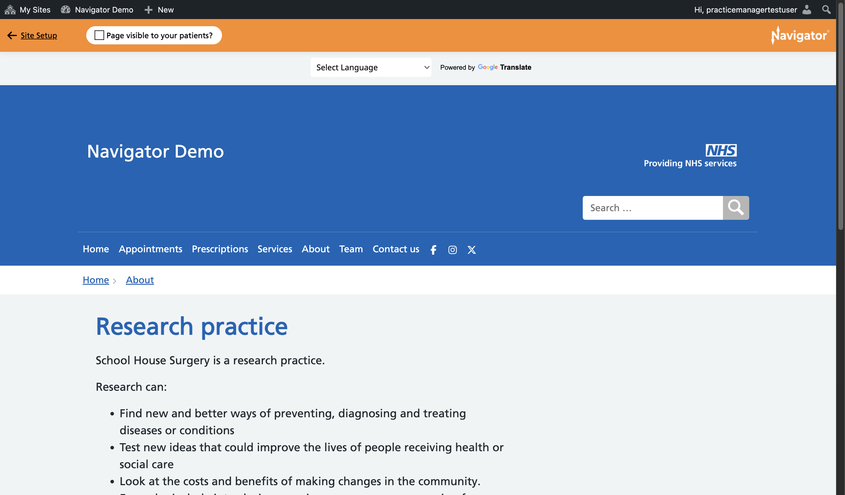 The Page visible to your patients? tickbox without a tick visible.