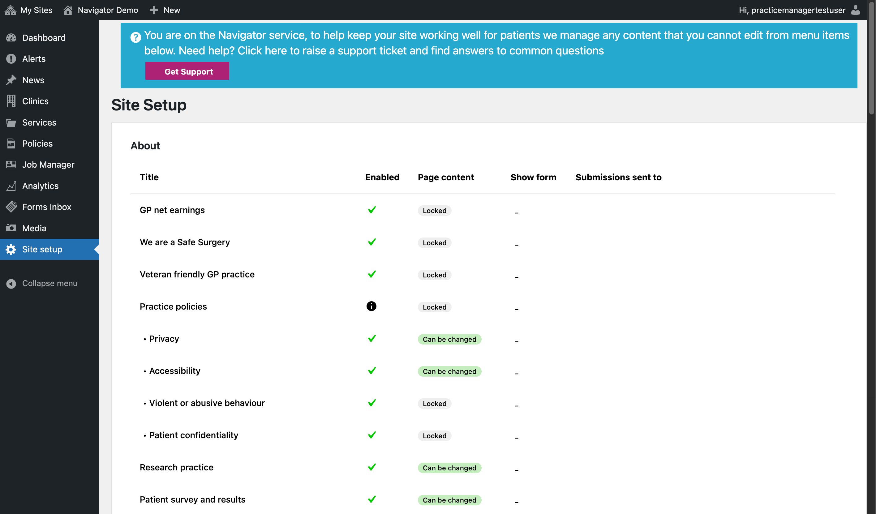The Site Setup section of the Navigator Dashboard.