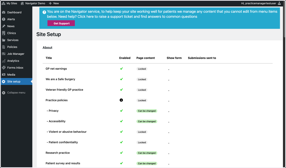 The Site Setup section of the Navigator Dashboard.