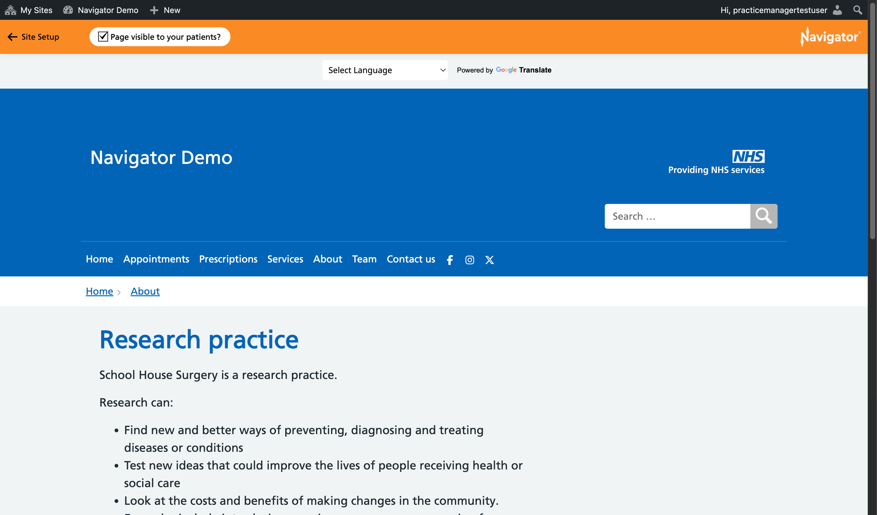 The Research practice page on the Navigator website, with the Navigator toolbar visible at the top of the page.