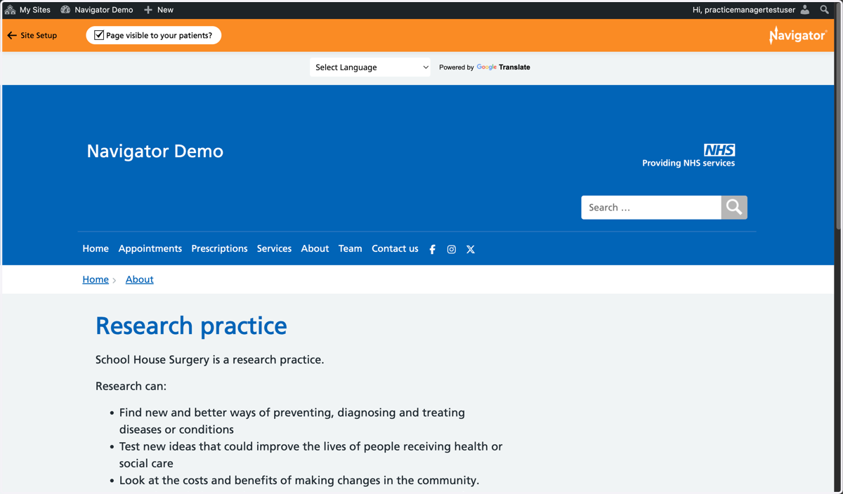 The Research practice page on the Navigator website, with the Navigator toolbar visible at the top of the page.