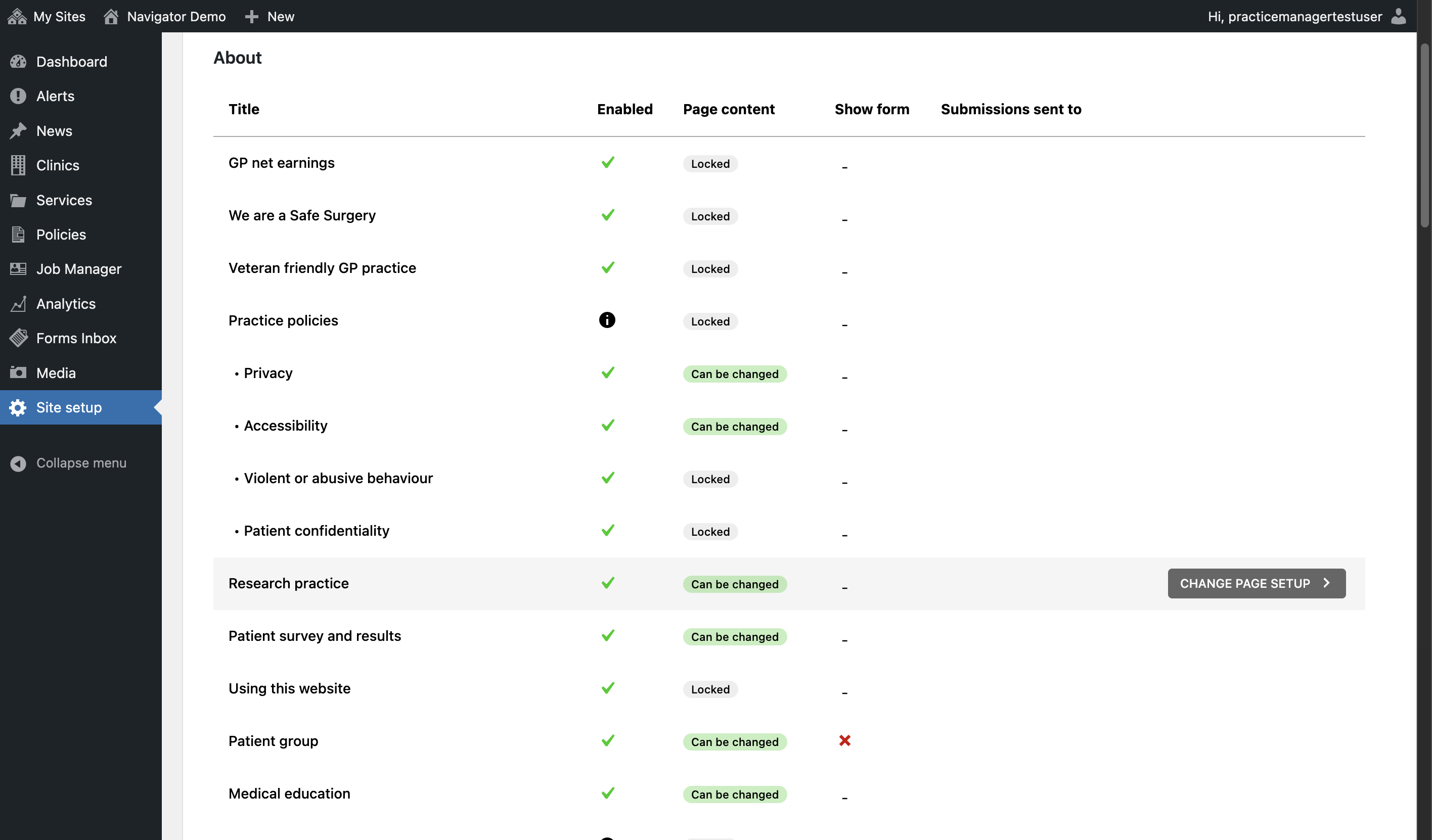 The Research Practice page name in Site Setup, with the Change page setup button selected.