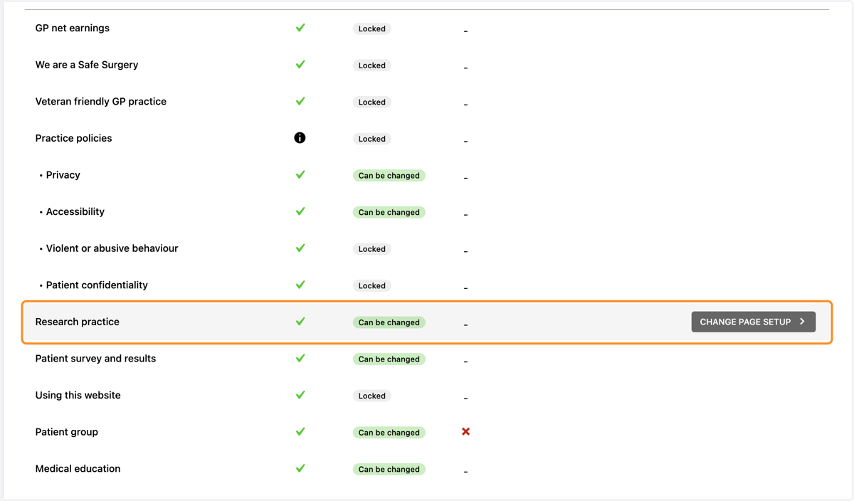 The Research Practice page name in Site Setup, with the Change page setup button selected.